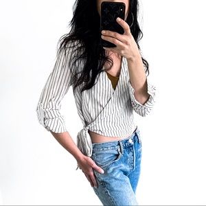 White wrap crop shirt with black stripes
